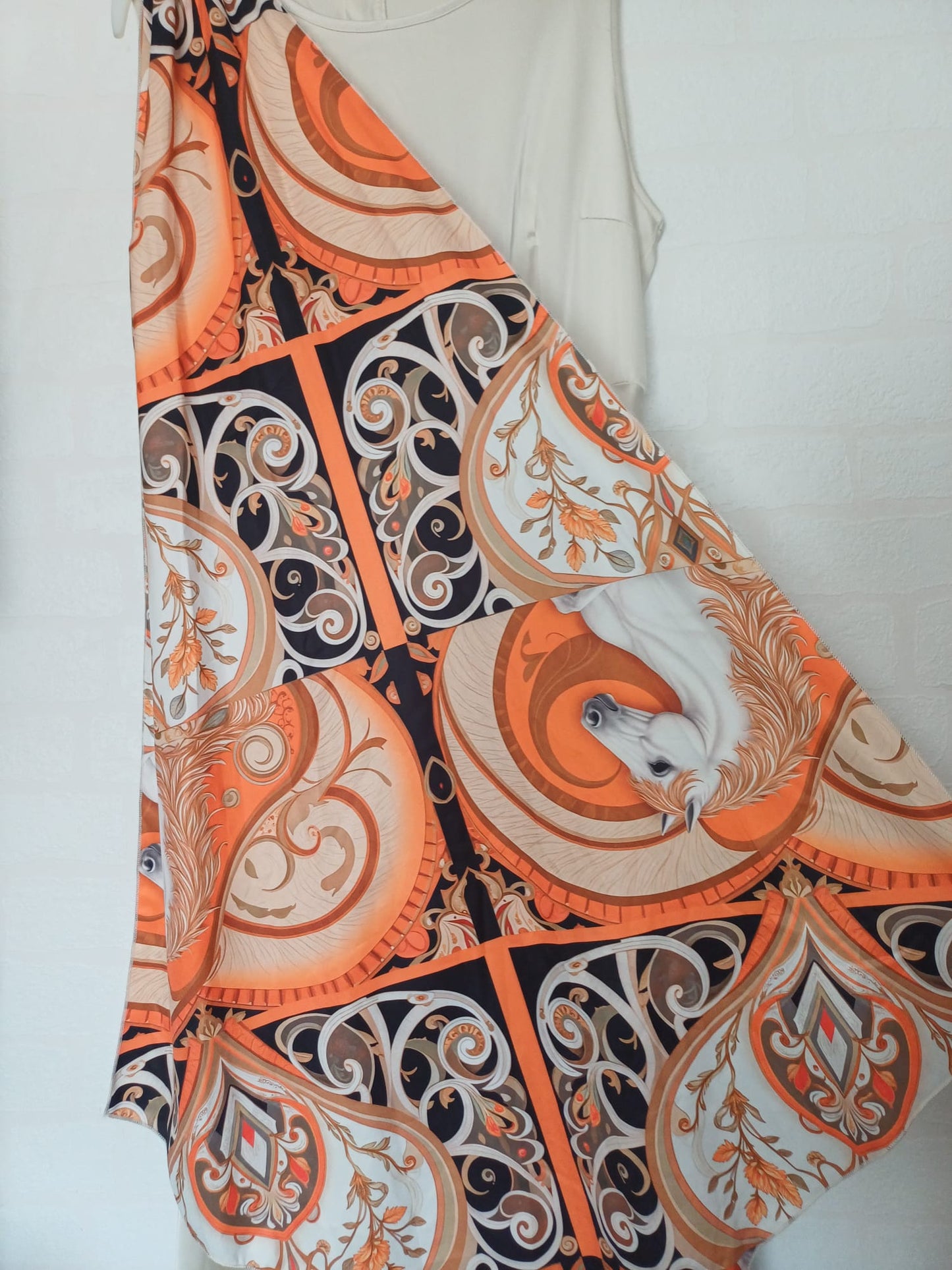 Women's Maxi Dress SHEIN Petite Cream/White Orange Scarf Horse Print Sleeveless Petite Size L Approx. 19" PTP - Very Good Condition