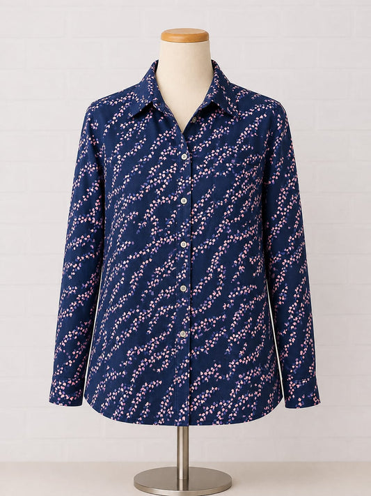 Women's Blouse Vintage Navy Pink & Purple Pattern Long Sleeve Size 8-10 Approx. 16" PTP - Very Good Condition