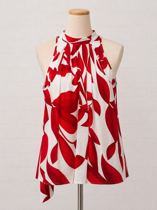 Women's Blouse Unbranded Red & White Abstract Leaf Print Sleeveless Size XL Approx. 21" PTP - Very Good Condition