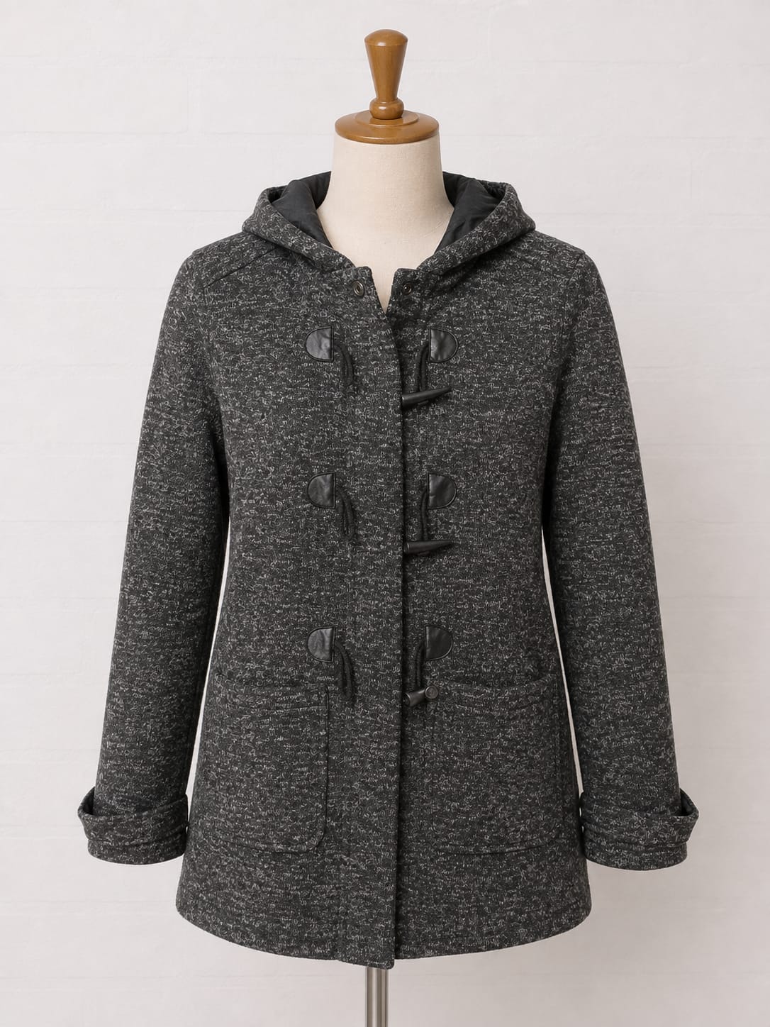 Women's Coat Yoki Grey/Black Marl Hooded Duffle Size L Approx. 18" PTP - Excellent Condition