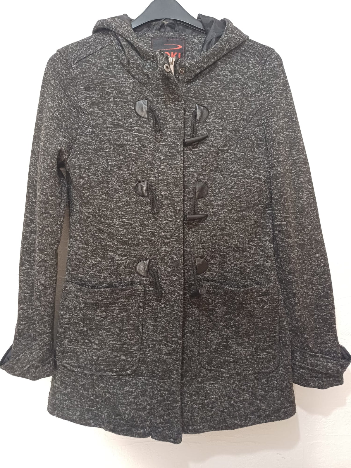 Women's Coat Yoki Grey/Black Marl Hooded Duffle Size L Approx. 18" PTP - Excellent Condition