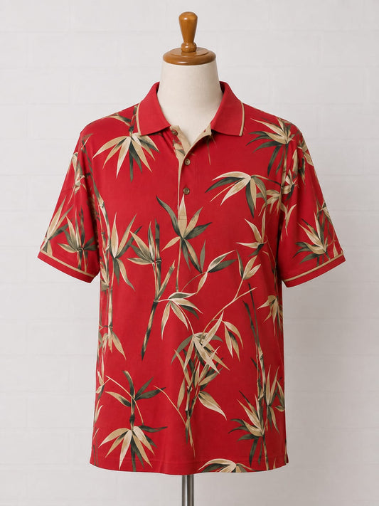 Men's Shirt Bamboo Cay Red Tropical Bamboo Print Short Sleeve XL Approx. 26" PTP - Very Good Condition