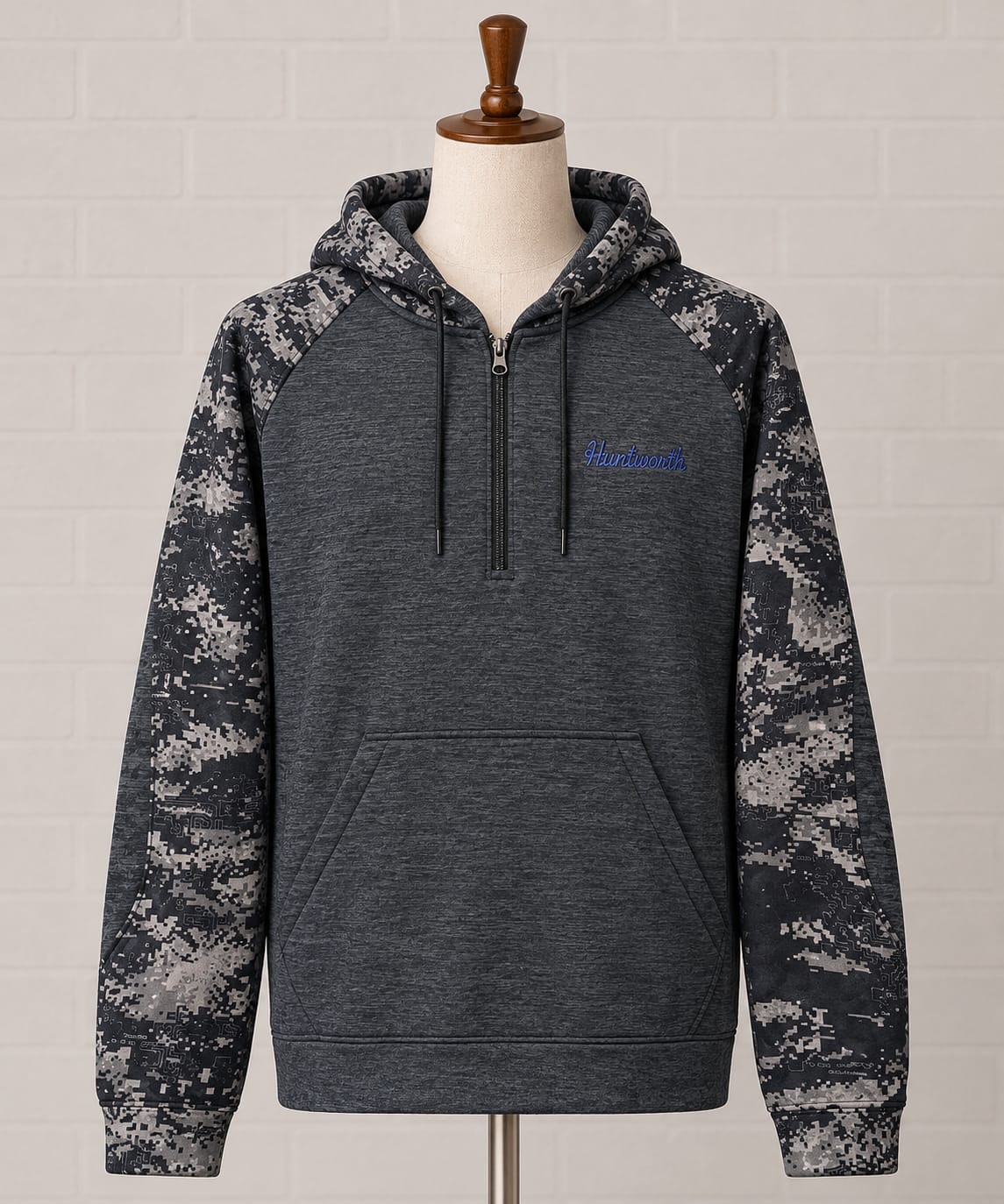 Huntworth Grey Charcoal Camo Sleeve 1/4 Zip Pullover Hoodie Small 20" PTP - Very Good Condition