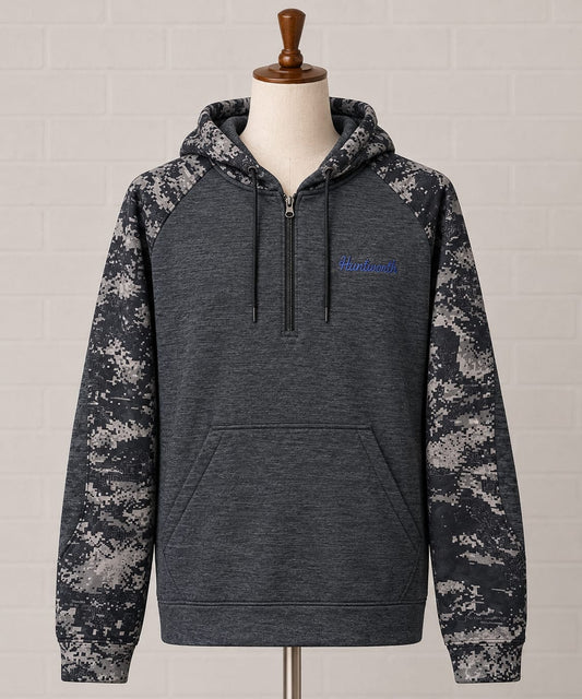 Huntworth Grey Charcoal Camo Sleeve 1/4 Zip Pullover Hoodie Small 20" PTP - Very Good Condition