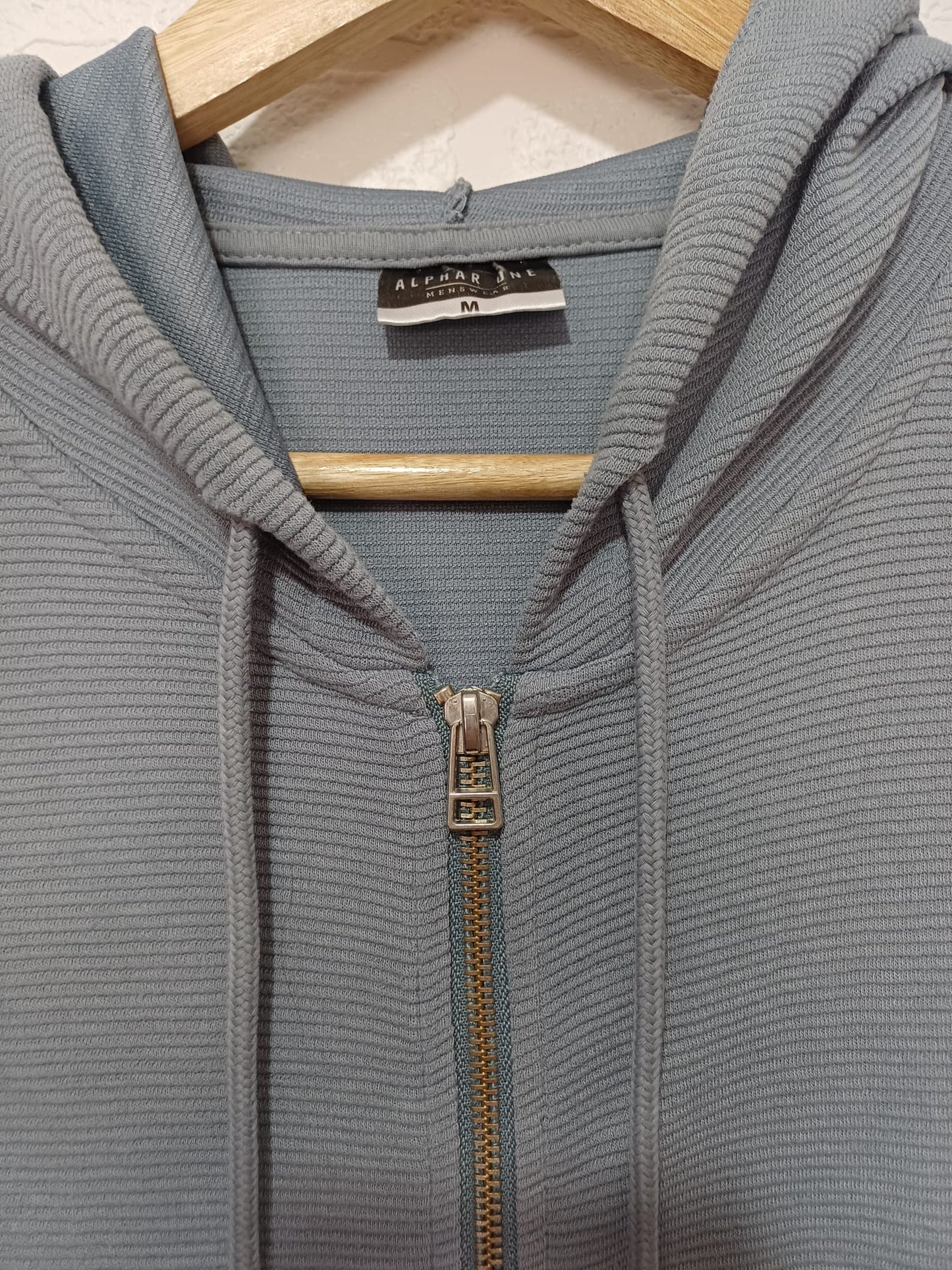 Men's Hoodie Alpha One Blue Grey Ribbed Textured Full Zip Medium Approx. 22" PTP - Good Condition