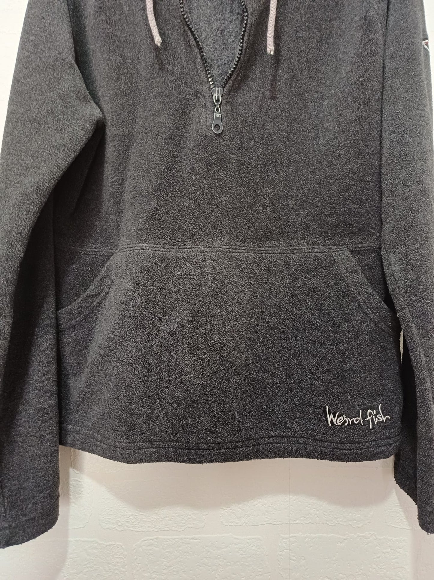 Women's Fleece Hoodie Weird Fish Grey 1/4 Zip Small Approx. 19.5" PTP - Good Condition