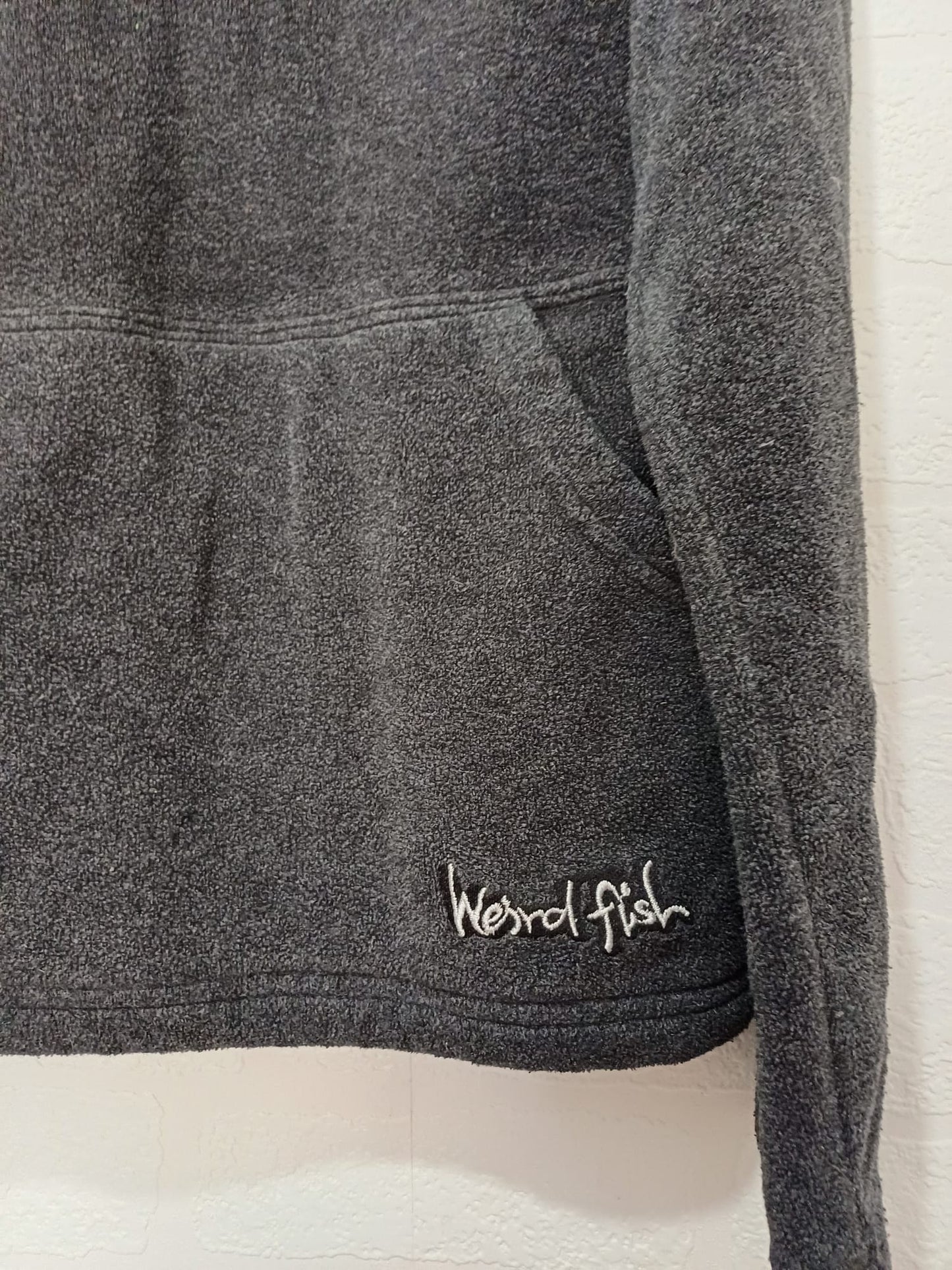 Women's Fleece Hoodie Weird Fish Grey 1/4 Zip Small Approx. 19.5" PTP - Good Condition