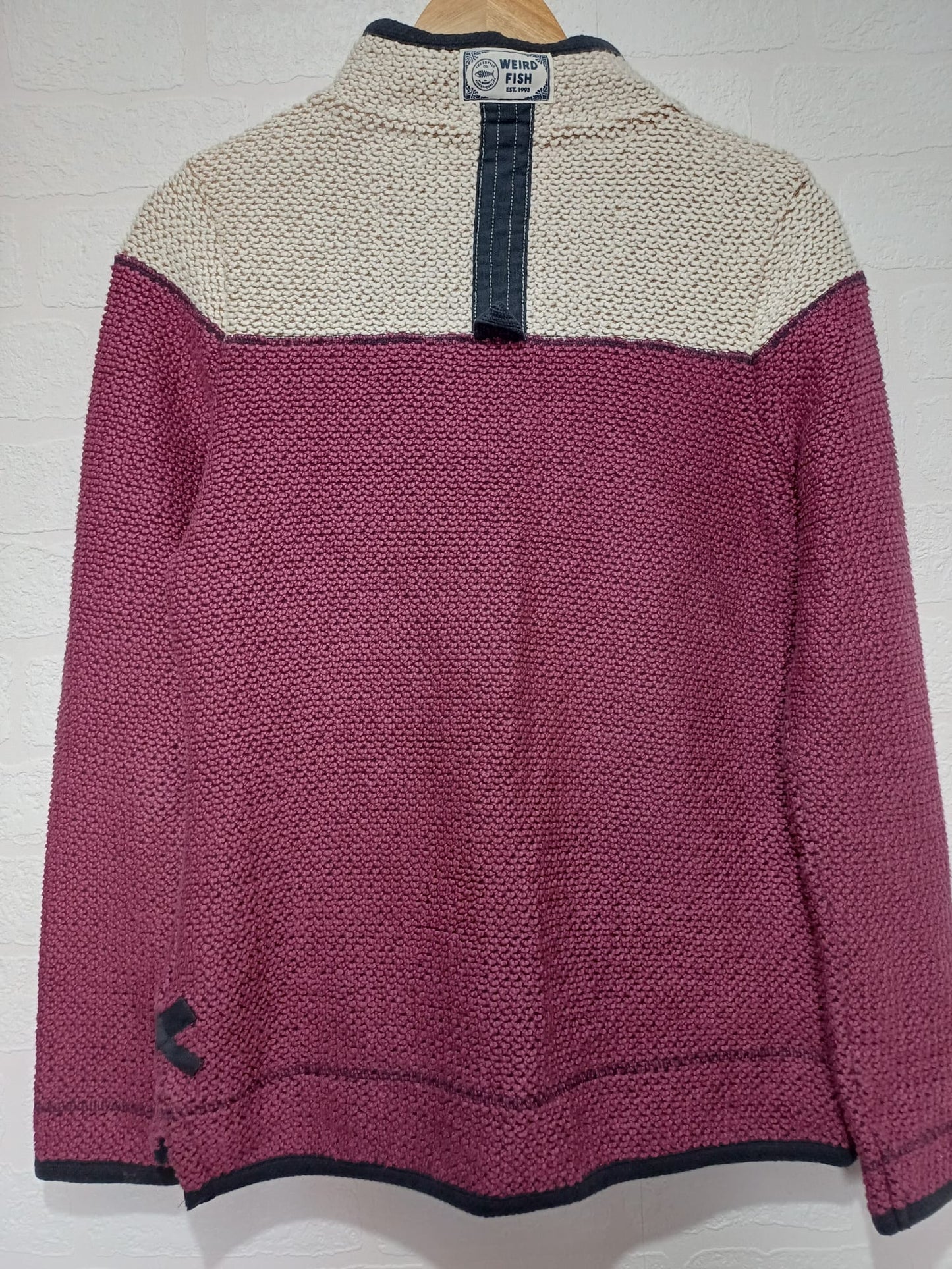Women's Jumper Weird Fish Burgundy Cream Quarter Zip Knit Size 10 - Very Good Condition
