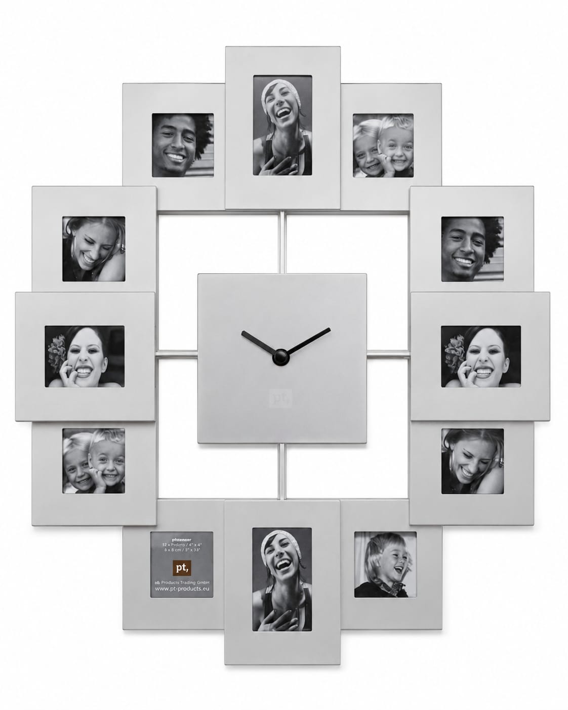 Wall Clock with Photo Frame Silver Family Time 40cm x 40cm Holds 12 Photos - Brand New