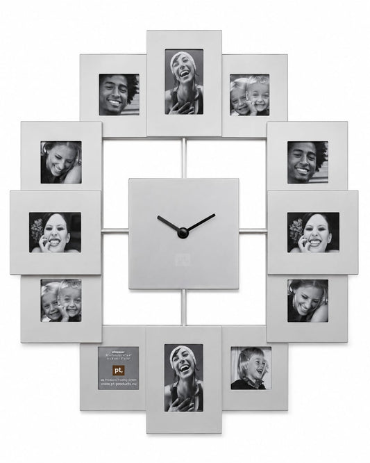 Wall Clock with Photo Frame Silver Family Time 40cm x 40cm Holds 12 Photos - Brand New