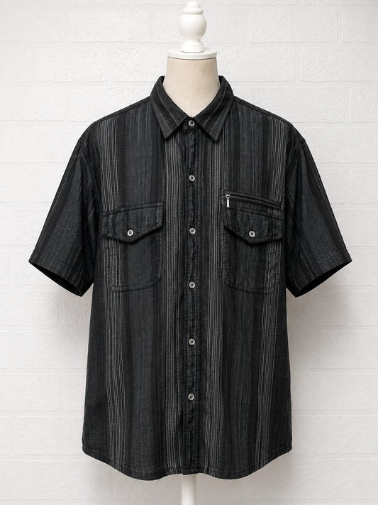 Men's Shirt Green G Black Green Stripe Short Sleeve Zip Pocket Size L Approx. 21" PTP - Very Good Condition