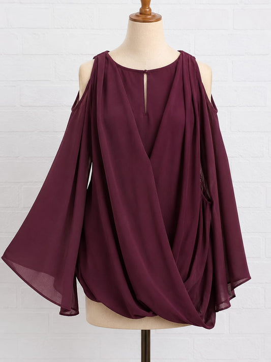 Women's Blouse New Look Curves Burgundy Cold Shoulder High Neck Flared Long Sleeve Plus Size 26 Approx. 26" PTP - Very Good Condition