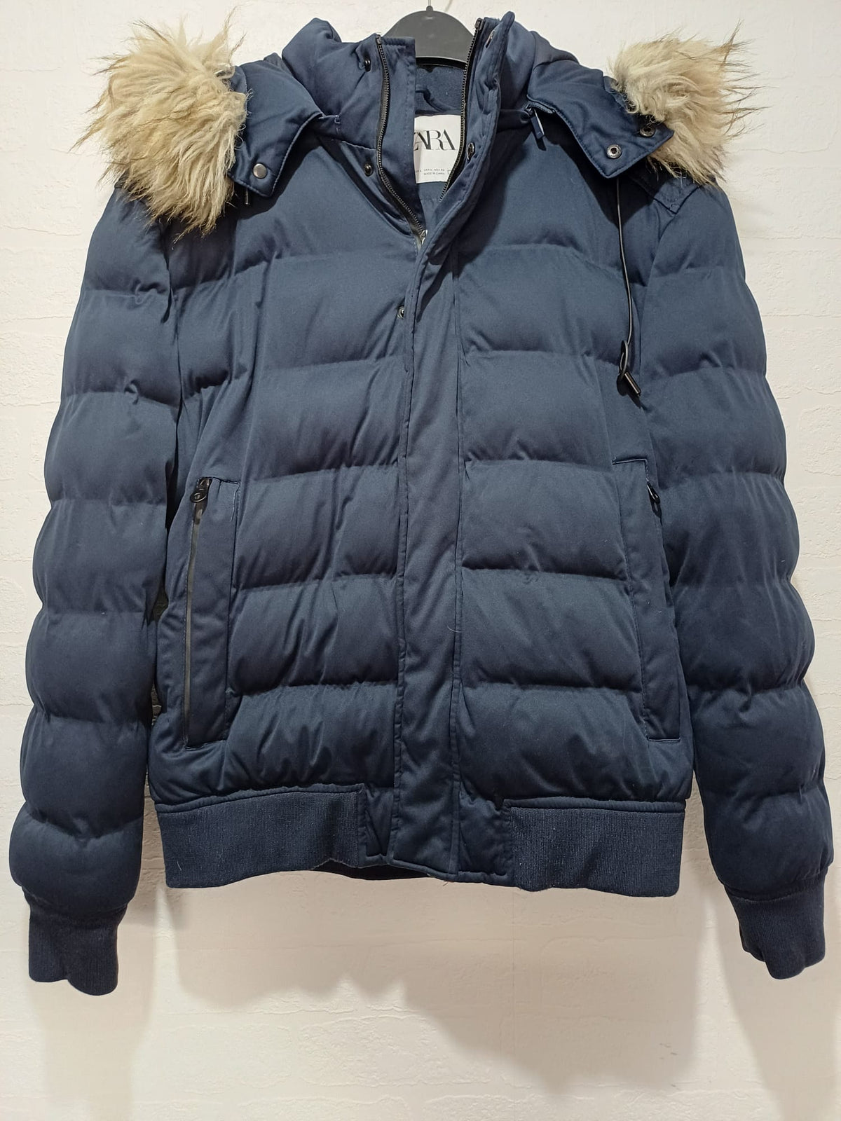 Women's Puffer Jacket Zara Navy Blue Faux Fur Hood Winter Coat L Approx. 23" PTP - Very Good Condition