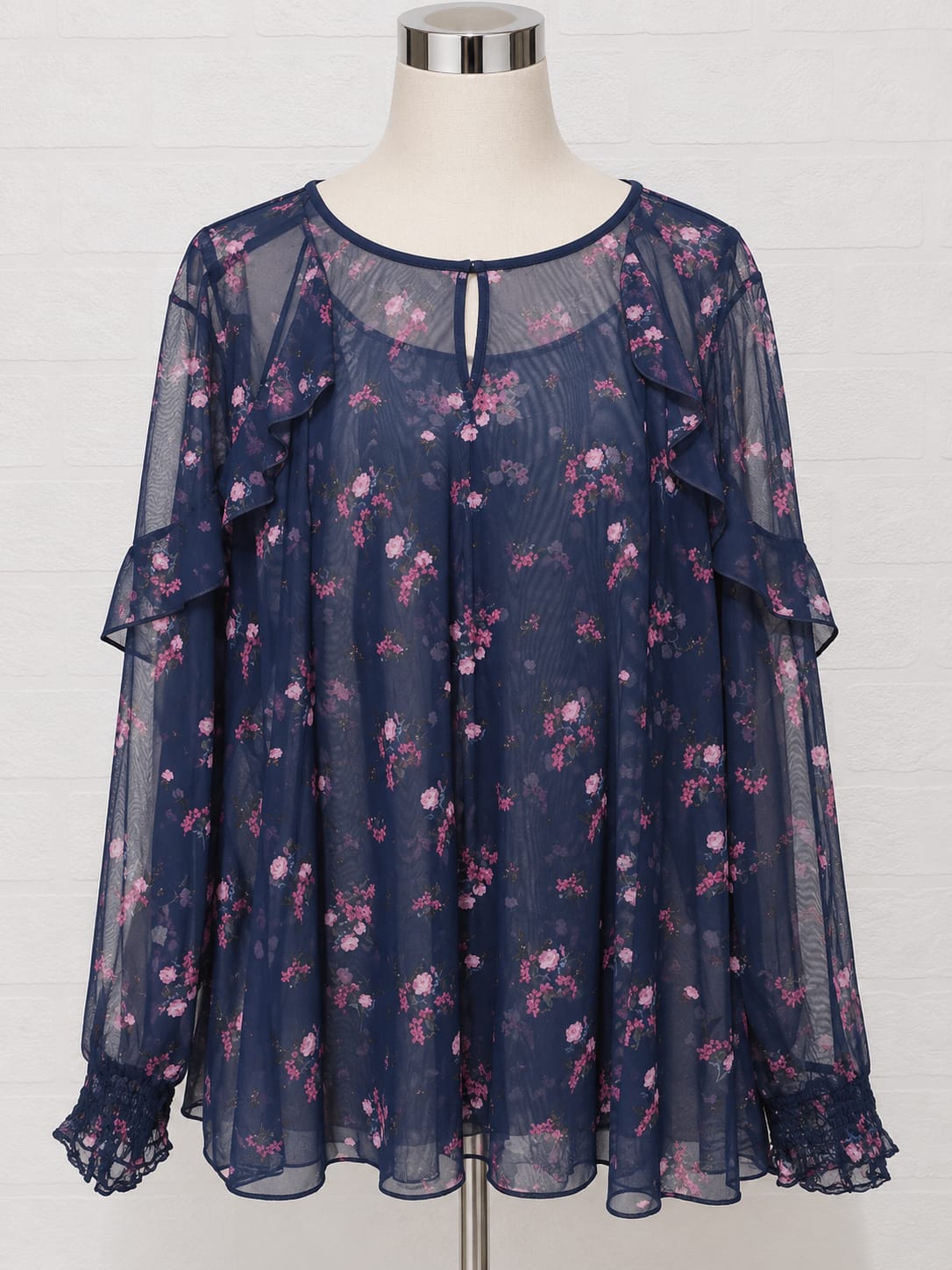 Women's Top George Navy Blue Floral Mesh Ruffle Lace Cuff Sheer Plus Size 24 Approx. 24" PTP - Good Condition