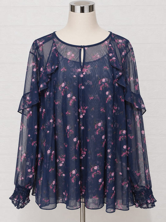 Women's Top George Navy Blue Floral Mesh Ruffle Lace Cuff Sheer Plus Size 24 Approx. 24" PTP - Good Condition
