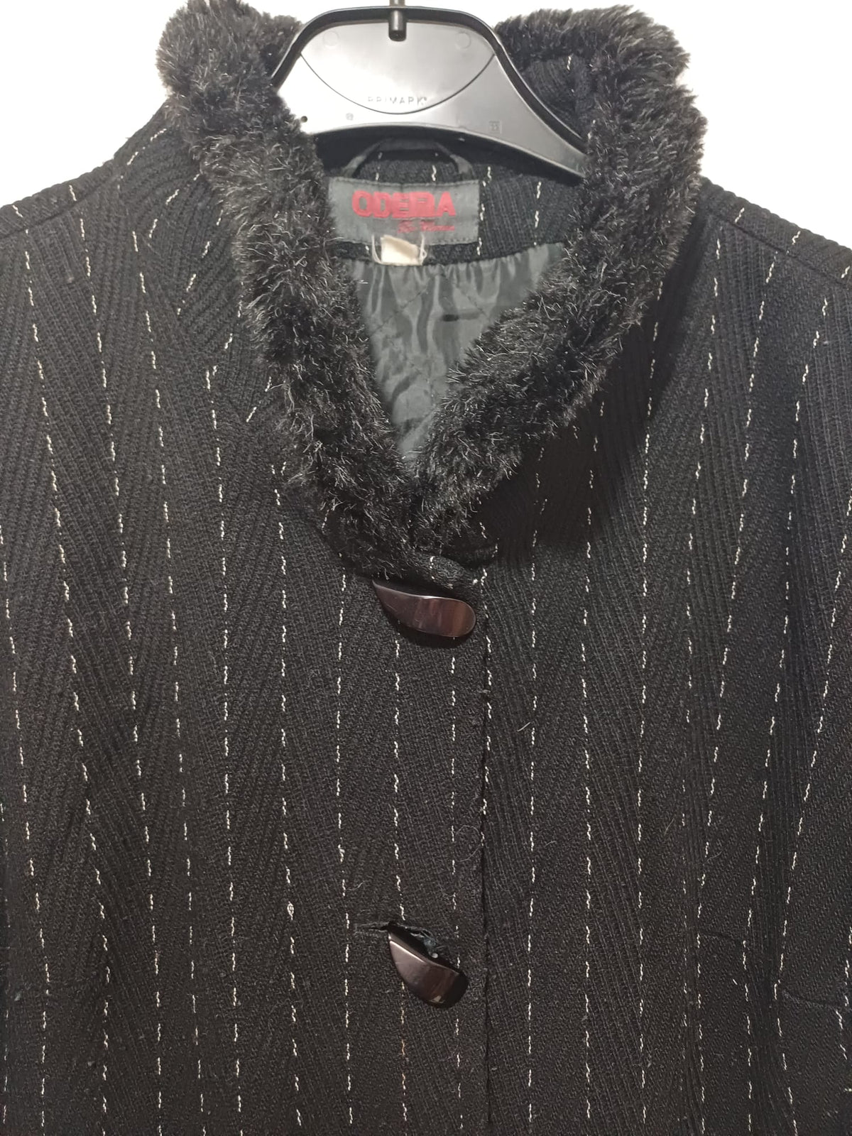 Women's Coat Odena Black Longline Faux Fur Trim Striped Size M/UK 12 Approx. 20" PTP - Good Condition