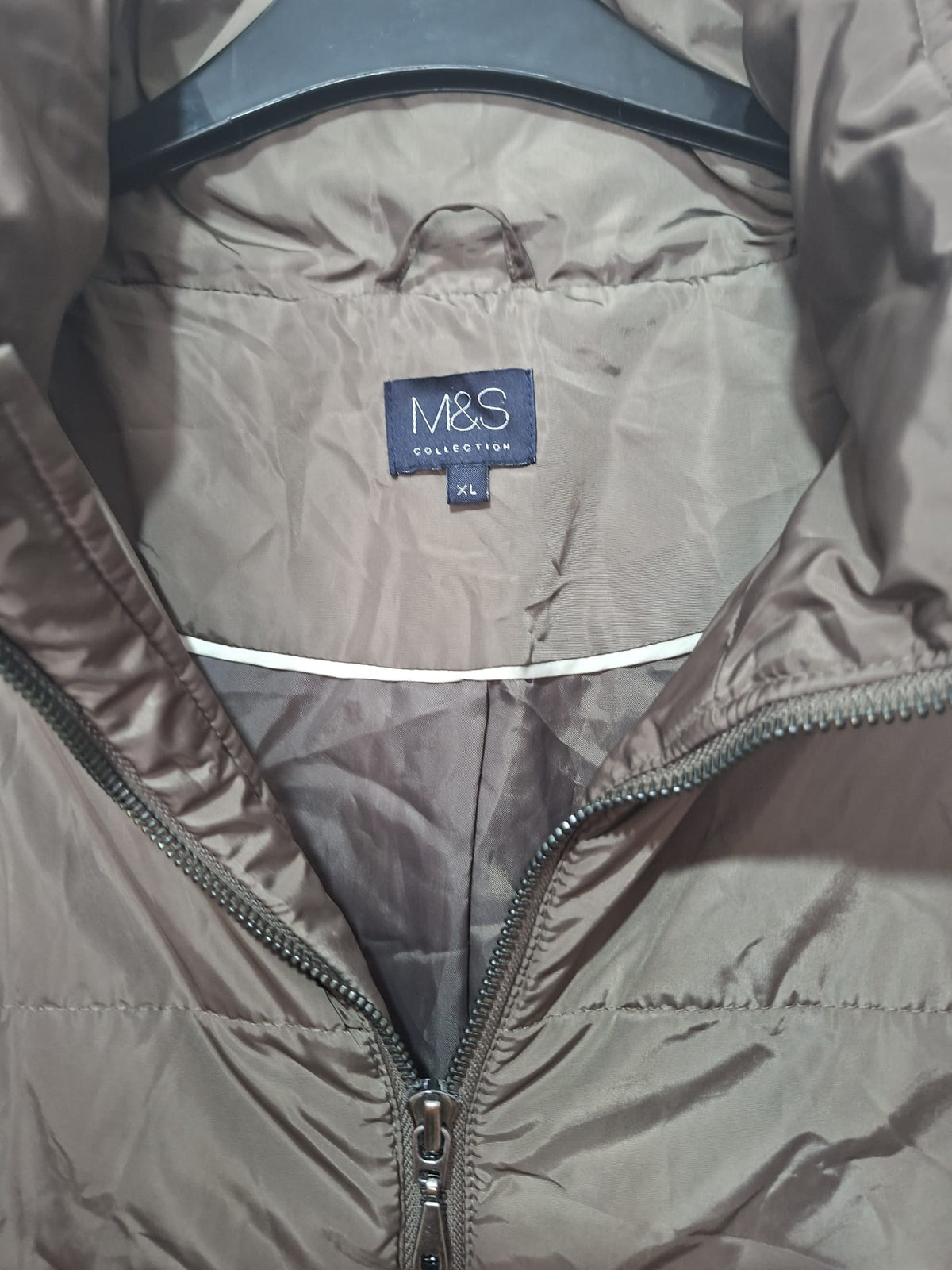 Women's Coat M&S Brown Quilted Puffer Long Belted XL Approx. 24" PTP - Very Good Condition