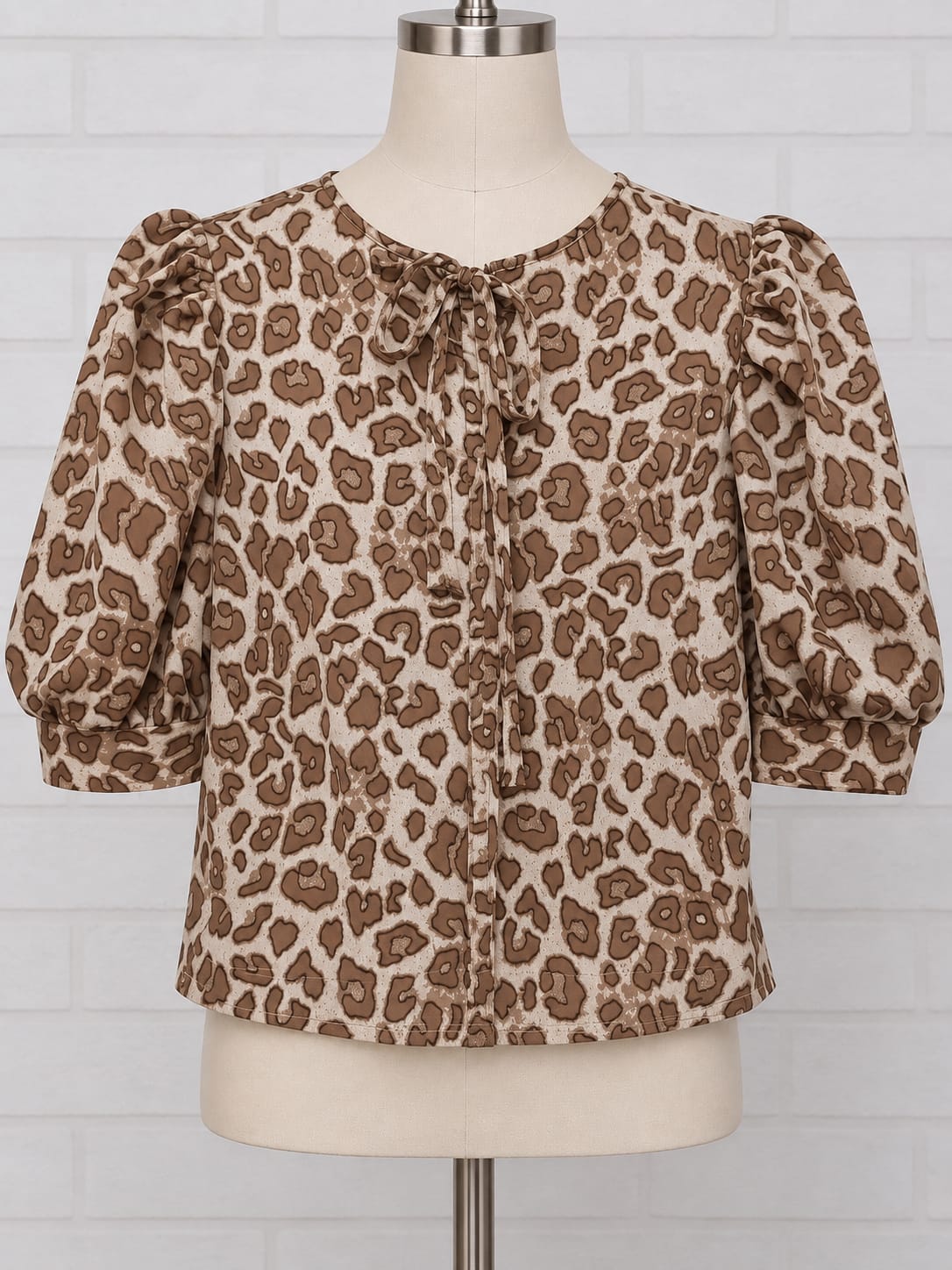 Women's Blouse Urban Bliss Cream Brown Leopard Print Tie Neck Puff Sleeve Size 12 BNWT