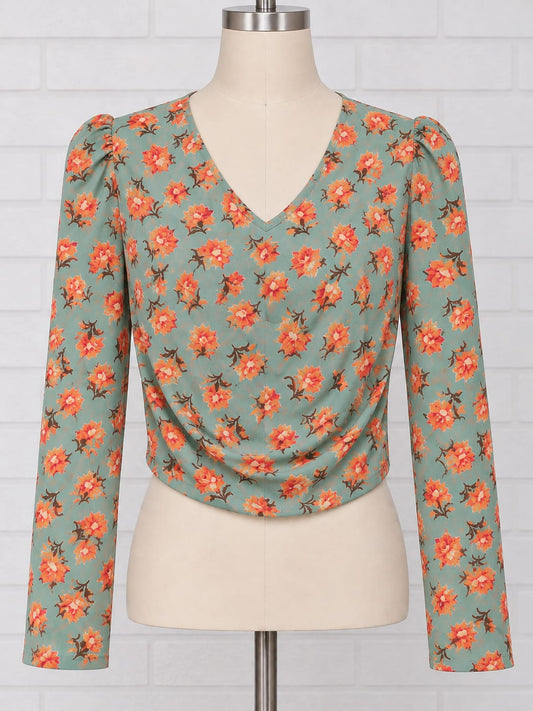 Women's Top Urban Bliss Sage Green Orange Floral Cowl Neck Long Sleeve UK 8 Brand New with Tags
