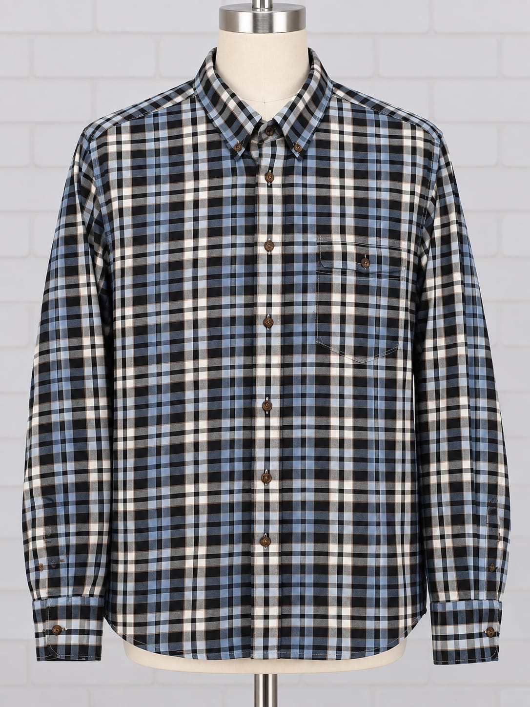 Men's Shirt M&S Blue Harbour Navy/Light Blue/White/Brown Check Long Sleeve Button-Down Collar Chest Pocket Size XL Regular Fit Very Good