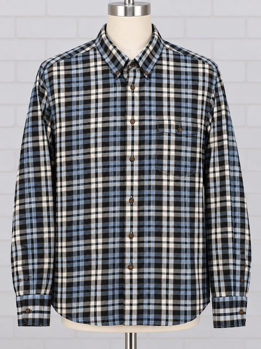 Men's Shirt M&S Blue Harbour Navy/Light Blue/White/Brown Check Long Sleeve Button-Down Collar Chest Pocket Size XL Regular Fit Very Good
