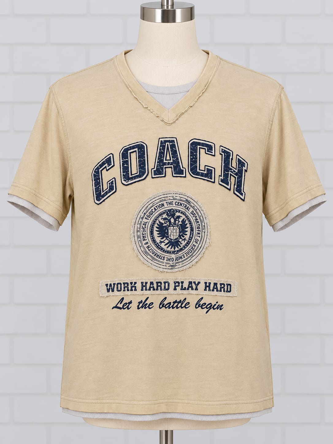 Men's T-Shirt Next Coach Graphic Beige V-Neck Size L Very Good Condition