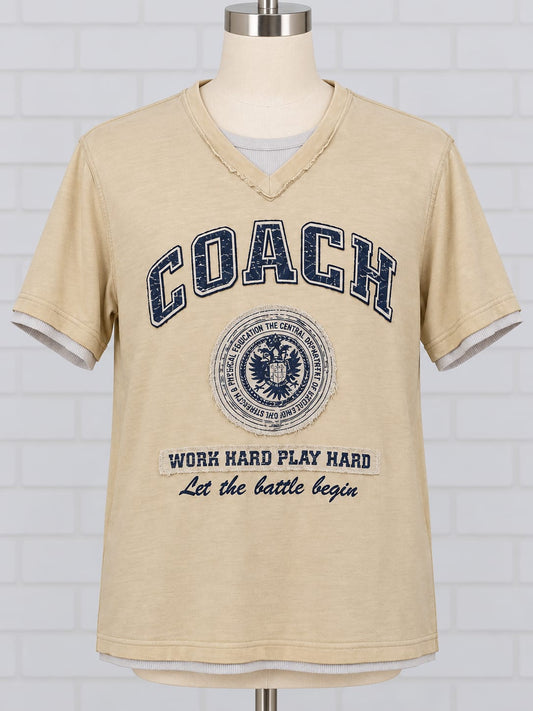 Men's T-Shirt Next Coach Graphic Beige V-Neck Size L Very Good Condition
