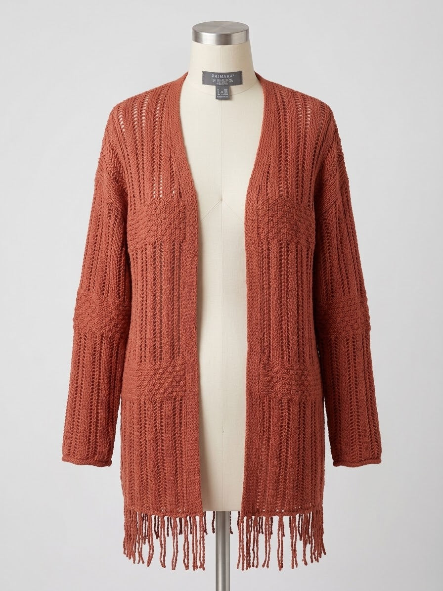 Women's Cardigan Primark Bronze Boho Pointelle Crochet Open Front Tassel Hem Size Medium Great Condition