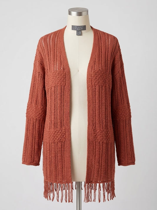 Women's Cardigan Primark Bronze Boho Pointelle Crochet Open Front Tassel Hem Size Medium Great Condition