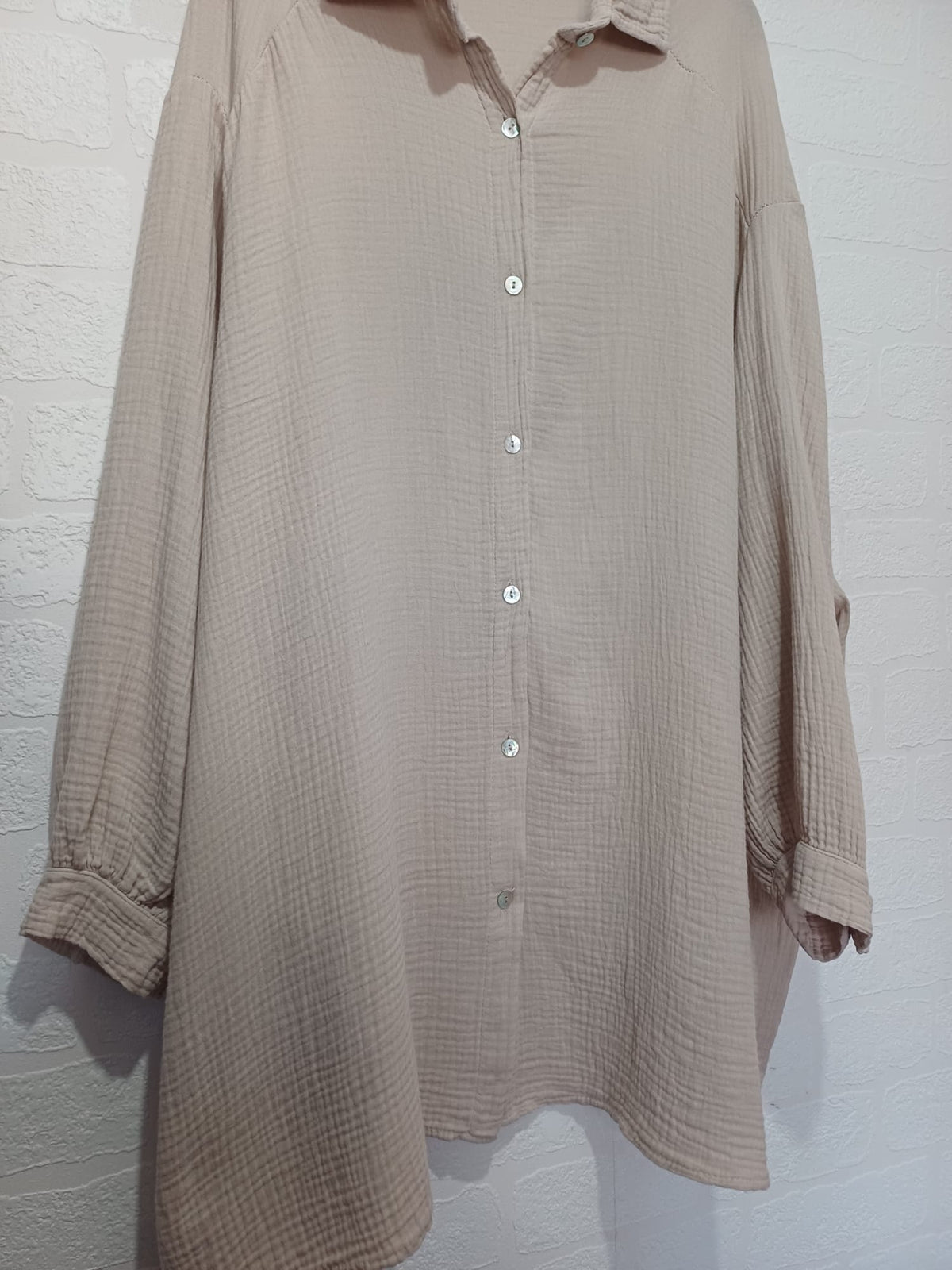Women's Shirt Made in Italy Beige Double Gauze Cotton Sequin Evil Eye Oversized One Size Very Good Pre-owned Condition