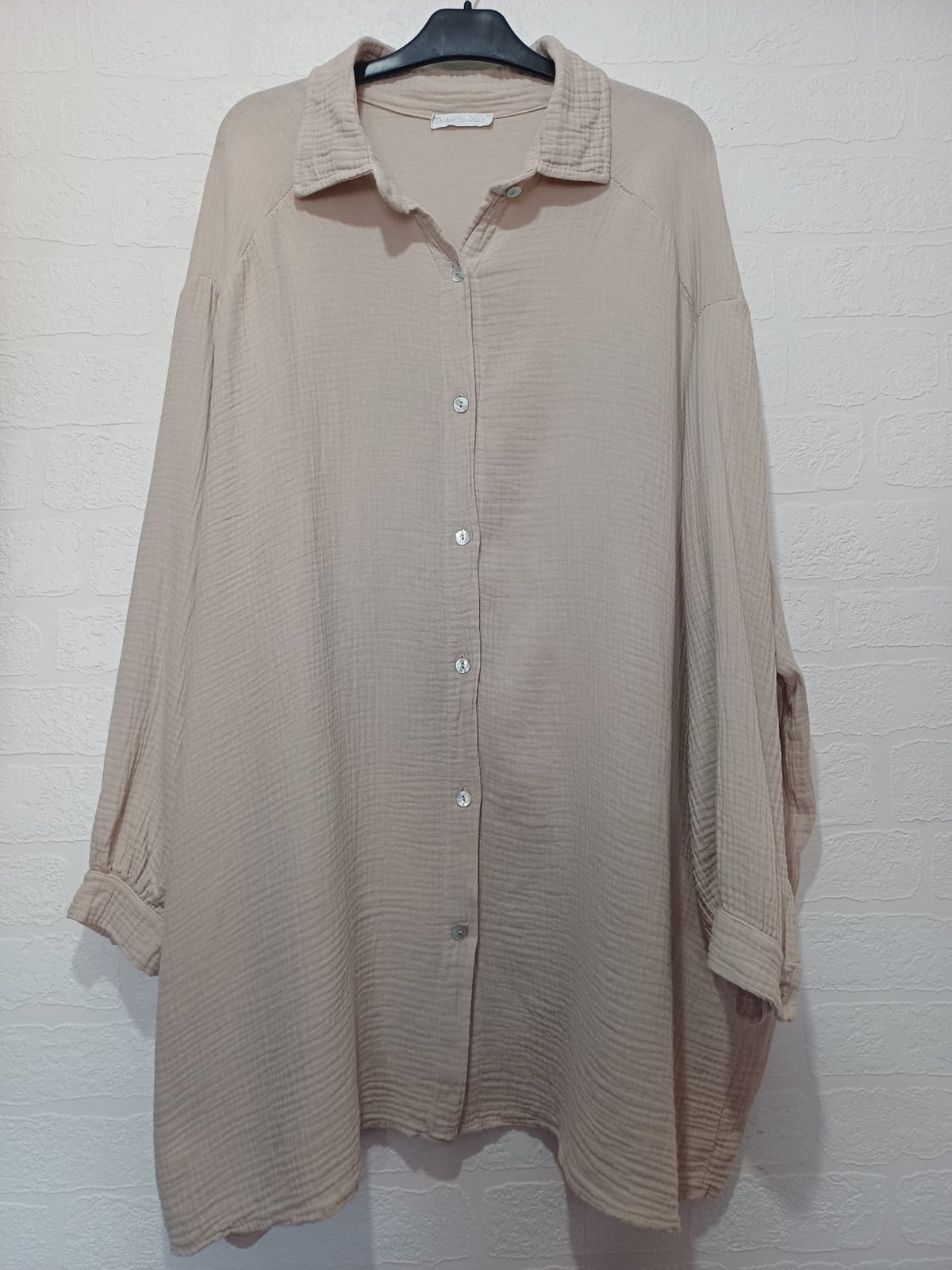 Women's Shirt Made in Italy Beige Double Gauze Cotton Sequin Evil Eye Oversized One Size Very Good Pre-owned Condition