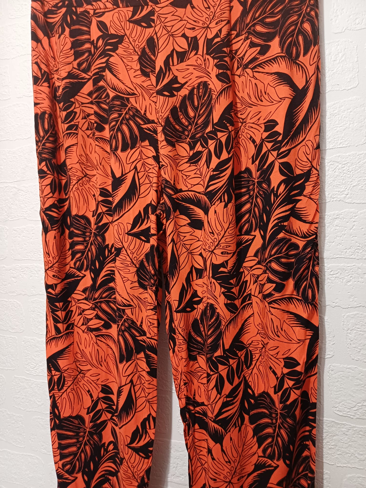Women's Trousers George Orange Black Tropical Palm Leaf Print Wide Leg Plus Size UK 18 Very Good Condition