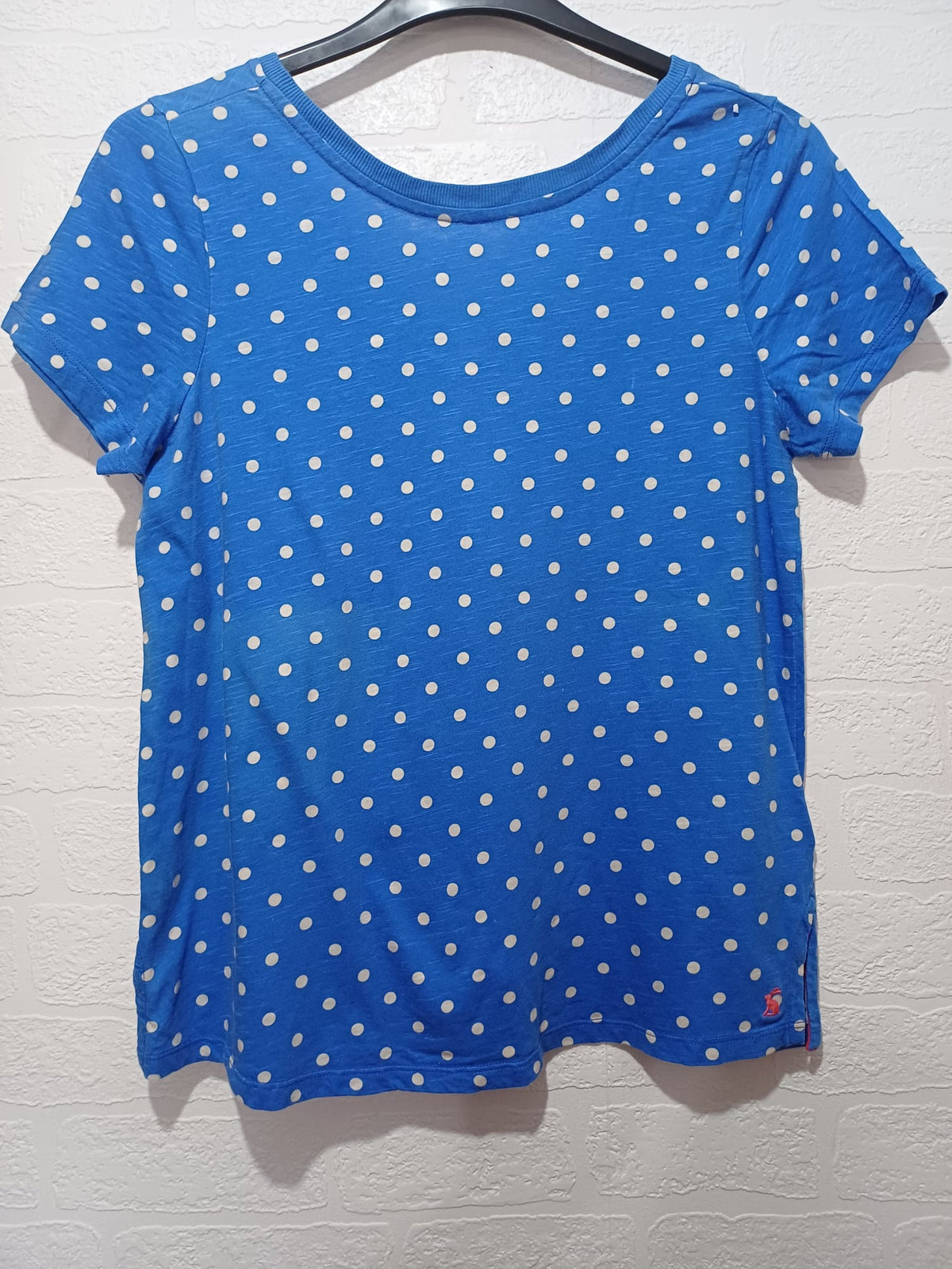 Women's T-Shirt Joules Blue White Polka Dot V-Neck Short Sleeve Approx. UK 12/14 Very Good Condition