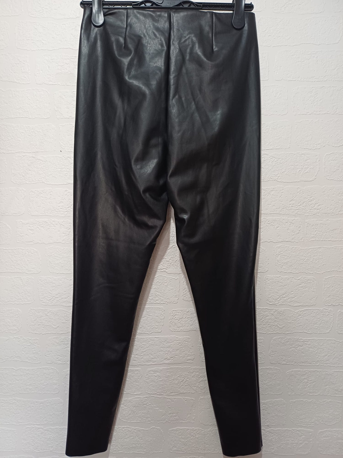 Women's Leggings F&F Black Faux Leather Front Faux Suede Back Stretch UK 12 Regular Very Good Condition
