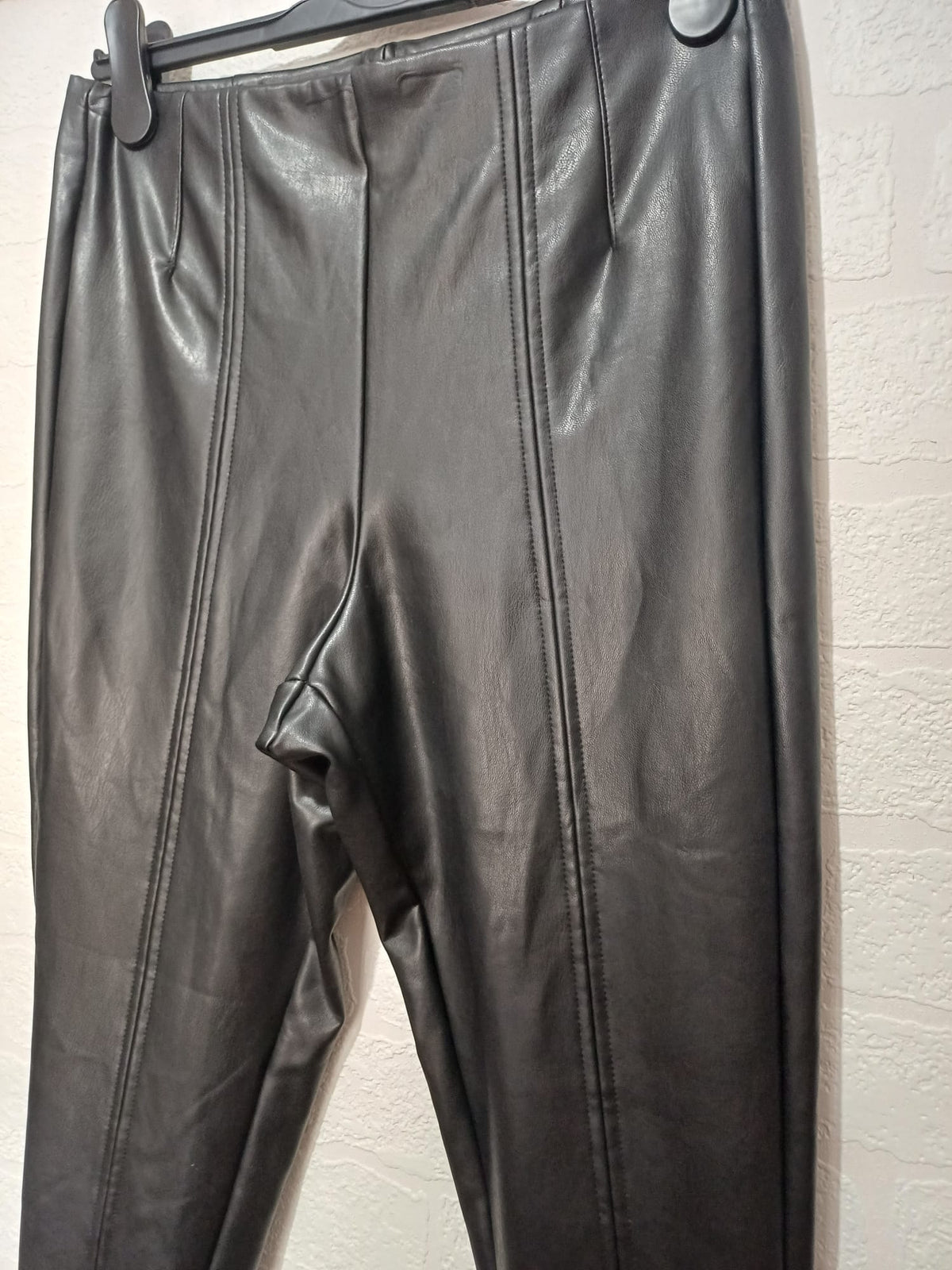 Women's Leggings F&F Black Faux Leather Front Faux Suede Back Stretch UK 12 Regular Very Good Condition