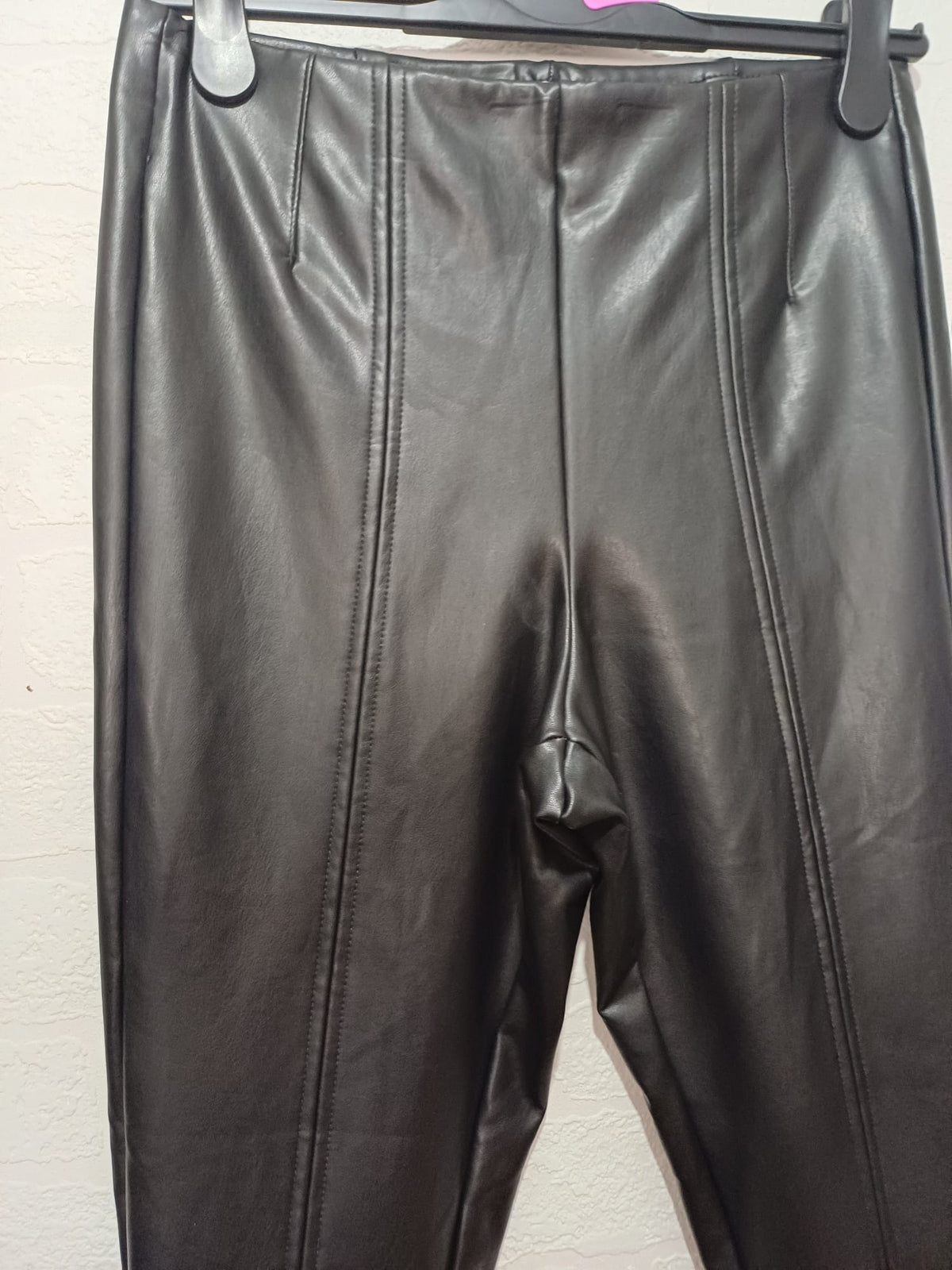 Women's Leggings F&F Black Faux Leather Front Faux Suede Back Stretch UK 12 Regular Very Good Condition