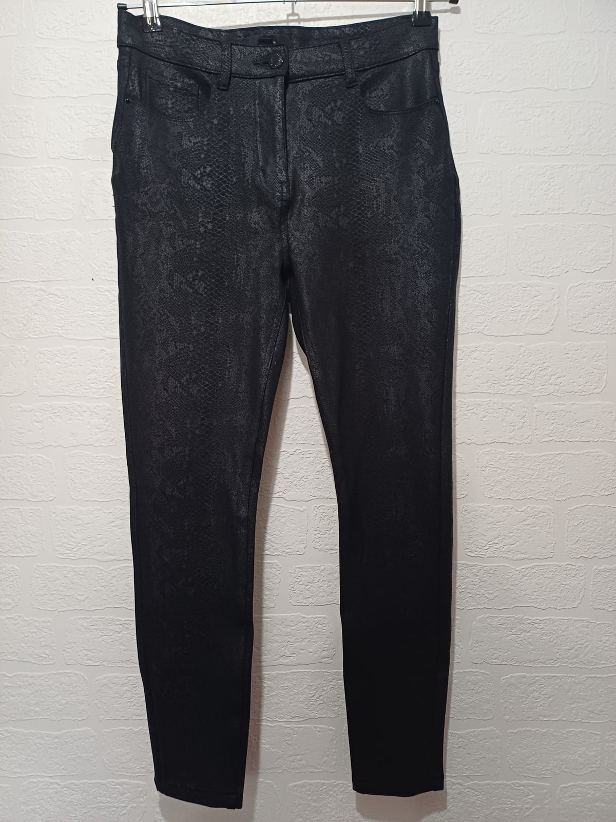 Women's Trousers Next Black Snakeskin Print Coated Skinny UK 10 Regular Very Good Condition