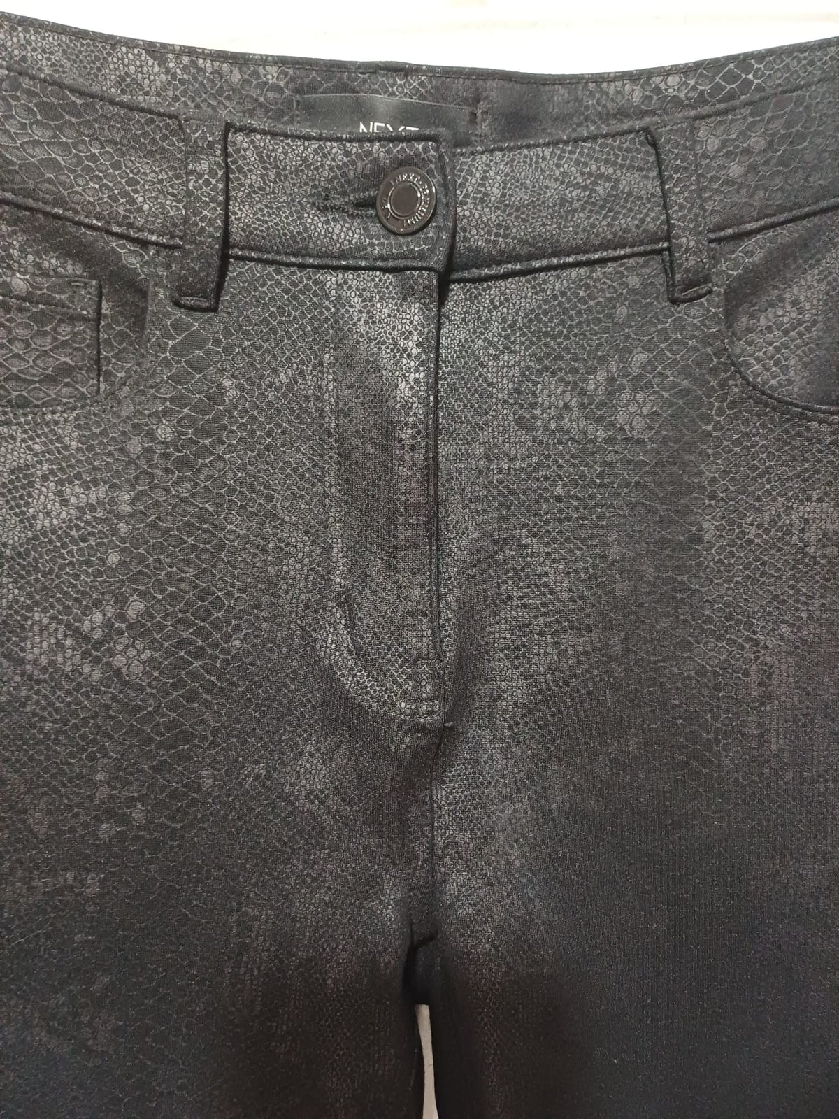 Women's Trousers Next Black Snakeskin Print Coated Skinny UK 10 Regular Very Good Condition