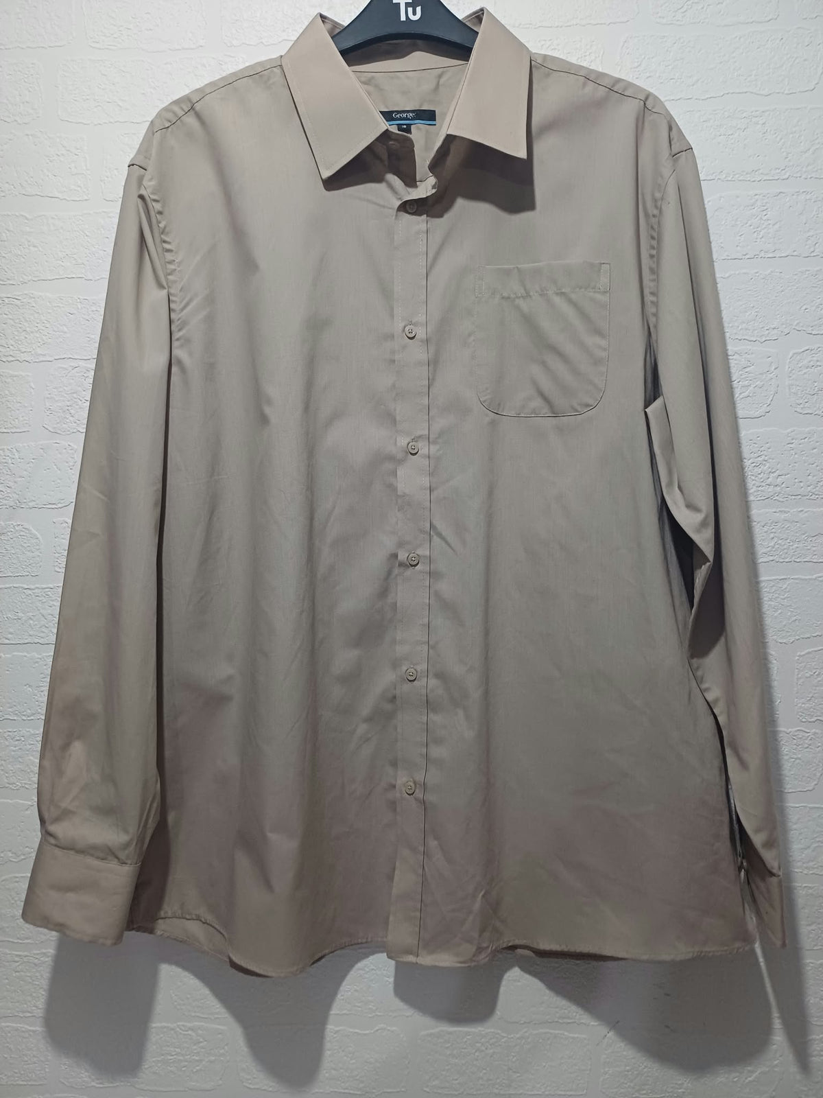 Men's Shirt George Beige/Tan Long Sleeve Button-Up Dress Shirt Collar Size 18 Very Good Condition