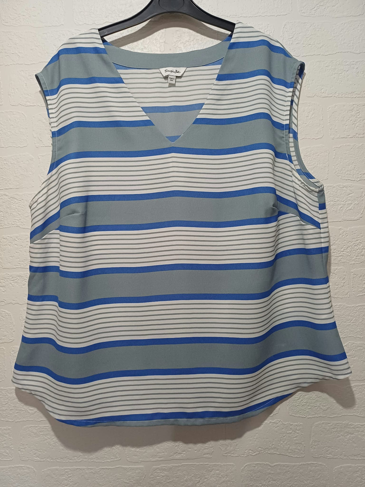Simply Be blue grey and white striped sleeveless V-neck blouse