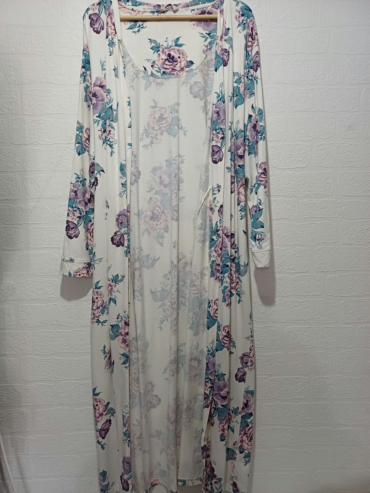 Women's Dressing Gown M&S White & Pink Floral Longline Tie Belt Size 16 Very Good Condition