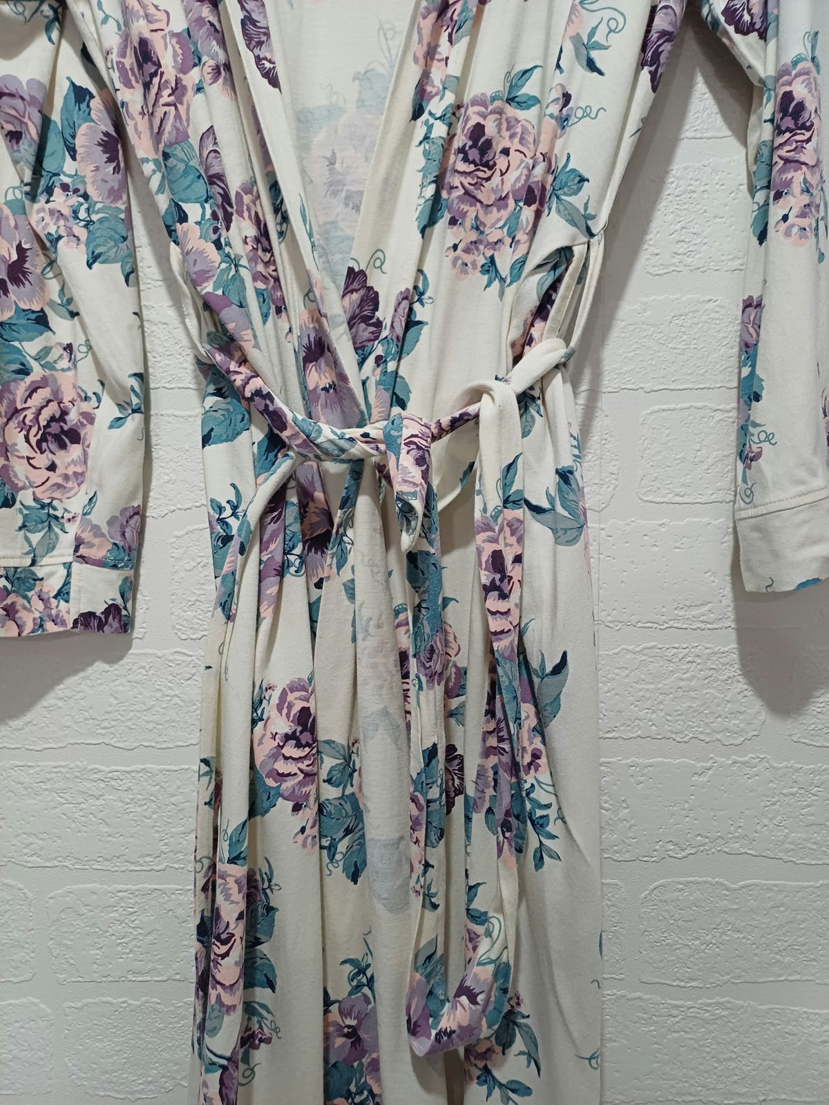 Women's Dressing Gown M&S White & Pink Floral Longline Tie Belt Size 16 Very Good Condition