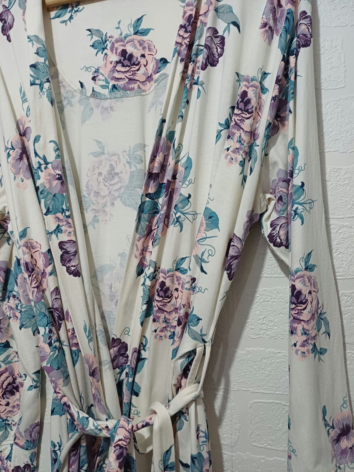 Women's Dressing Gown M&S White & Pink Floral Longline Tie Belt Size 16 Very Good Condition