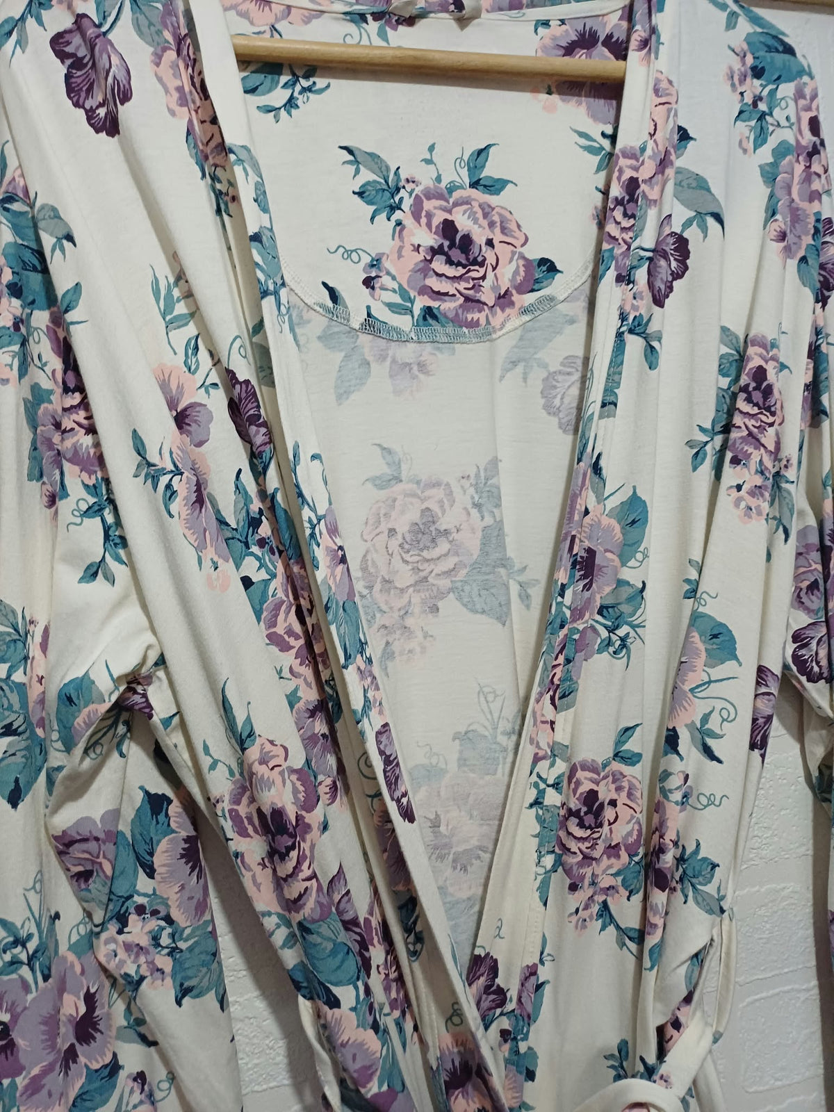 Women's Dressing Gown M&S White & Pink Floral Longline Tie Belt Size 16 Very Good Condition