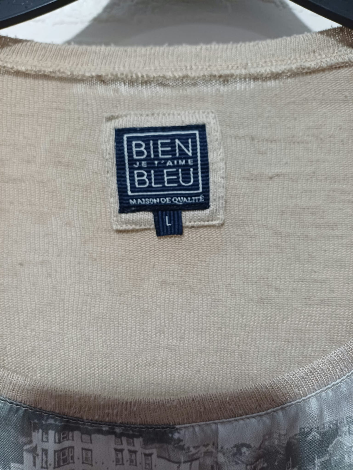 Women's Top Bien Bleu Beige Scenic Collage Print Long Sleeve Size L Very Good Condition