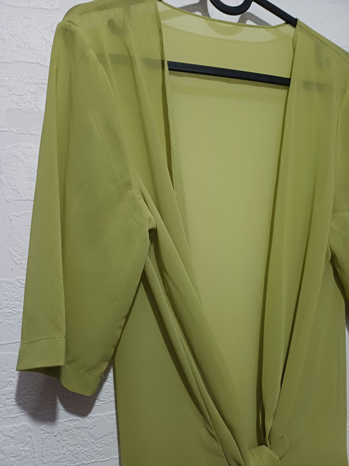 Women's Cardigan Unbranded Dark Lime Green Sheer Tie Front Maxi Kimono Cover Up Size L Very Good Condition