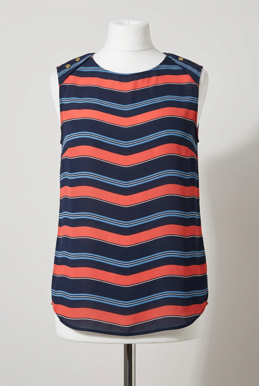Women's Blouse Primark Navy & Coral Orange Striped Sleeveless Size 8 Very Good Condition