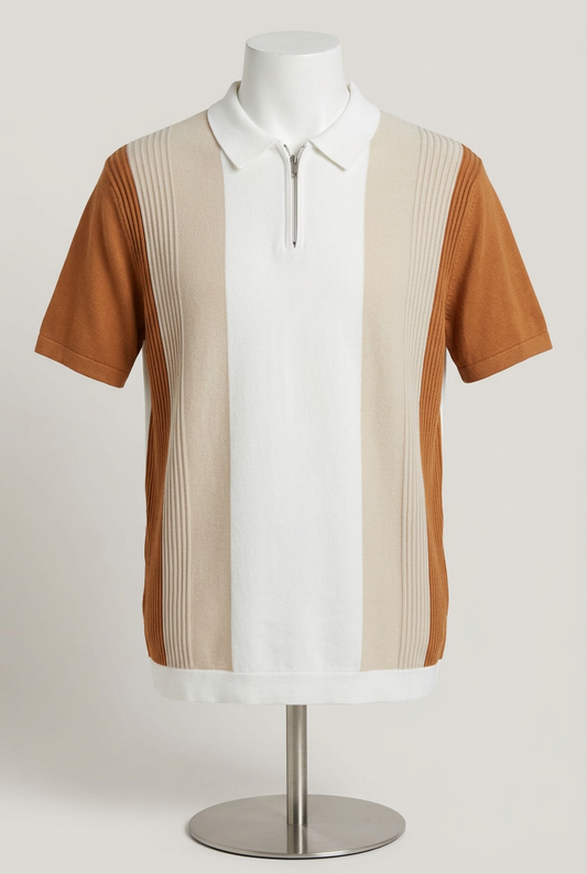 Men's Polo Shirt River Island Cream Beige Rust Brown Colour Block Quarter Zip Knitted Size XL Very Good Condition