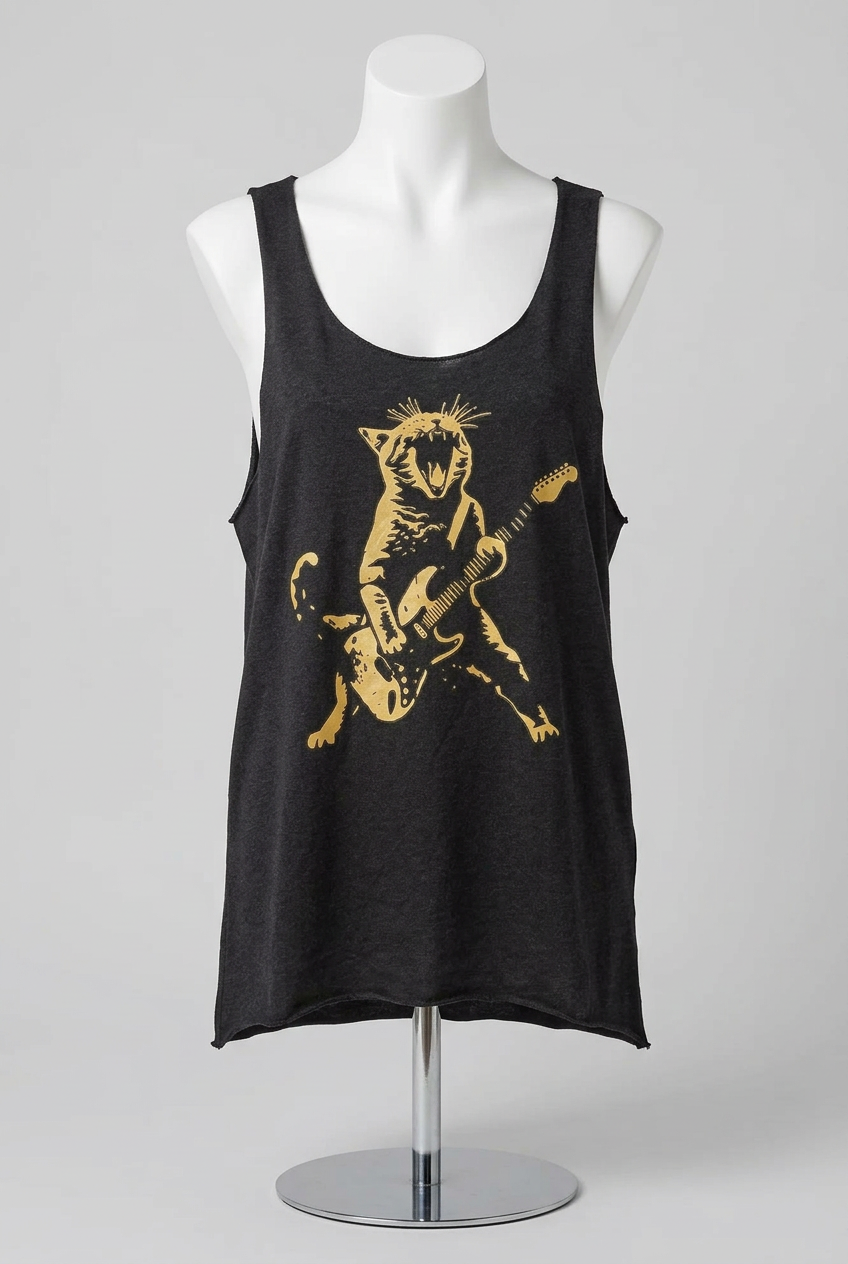 Women's Vest Top SHEIN Black Gold Guitar Playing Cat Graphic Racerback Size L Very Good Condition