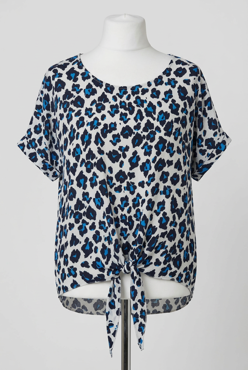 Women's Blouse Gerard Blue Black & White Animal Print Short Sleeve Tie-Front Size 16 Excellent Condition